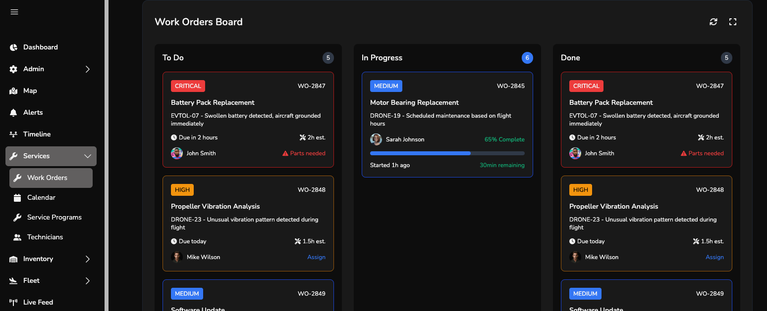kanban board interface for aircraft maintenance work orders, drag and drop task management, technician assignments, priority levels, status tracking